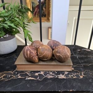 Set of 5 Natural Carved Decorative Spheres - Rustic Boho Bowl Filler Orbs
